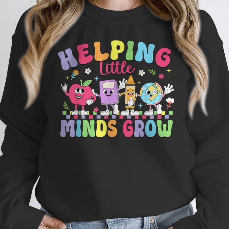 Helping Little Minds Grow Teacher Life Back To School Women Crewneck Sweatshirt, funny design