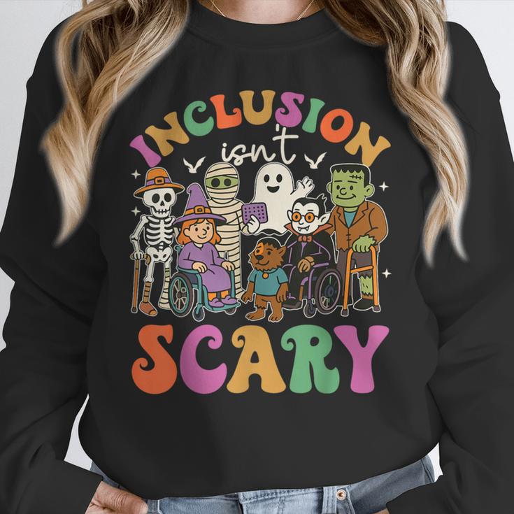 Inclusion Isnt Scary Halloween Skeleton Ghost Sped Teacher Women Crewneck Sweatshirt, funny design