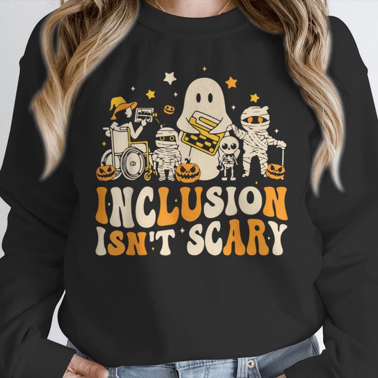 Inclusion Isn't Scary Mummy Boo Ghost Halloween SLP Teacher Women Crewneck Sweatshirt, funny design