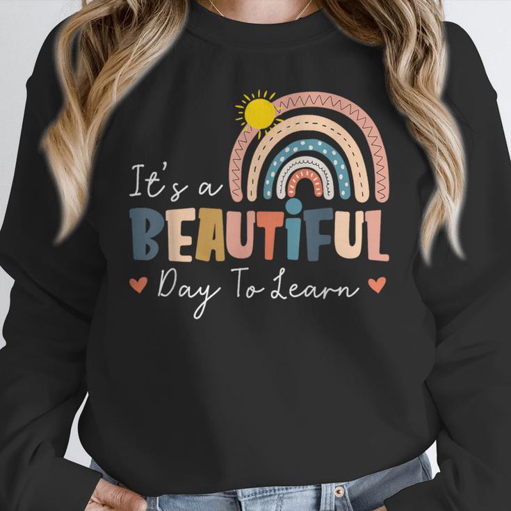 It's A Beautiful Day To Learn Cute Rainbow Boho Teacher Women Crewneck Sweatshirt, funny design