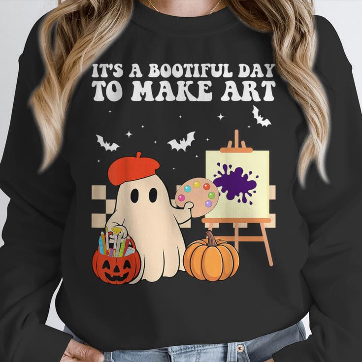 It's A Bootiful Day To Make Art Groovy Art Teacher Halloween Women Crewneck Sweatshirt, Groovy Teacher Gifts, funny design