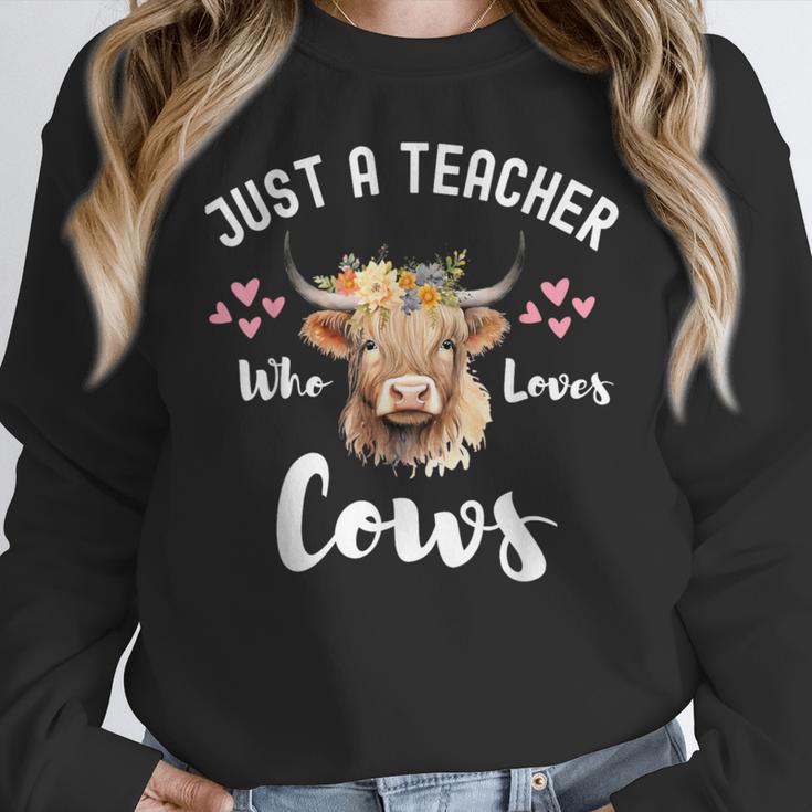 Just A Teacher Who Loves Cows Shirt Cute Highland Cow Women Crewneck Sweatshirt, funny design