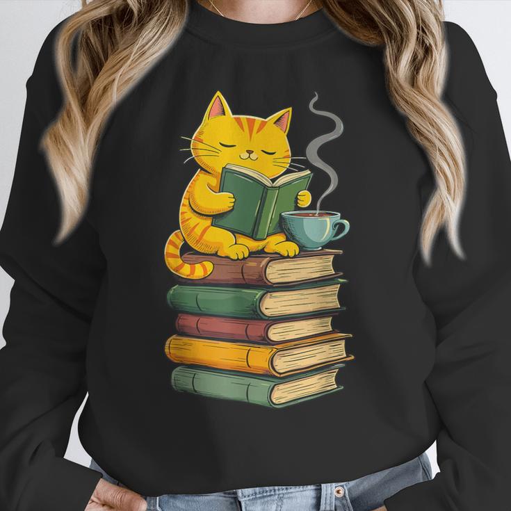 Kawaii Cats Lover Coffee Books Teacher Librarian Cat Women Crewneck Sweatshirt, funny design Kawaii Cats Lover Coffee Books Teacher Librarian Cat Women Crewneck Sweatshirt, funny design