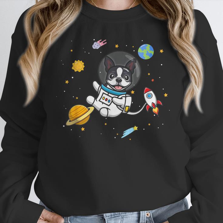 Kawaii Kids & Boys Astronaut Space Boston Terrier Dog Lover Women Crewneck Sweatshirt, funny design
