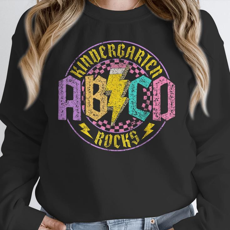 Kindergarten Rocks ABCD Back To School Rock Teacher Women Crewneck Sweatshirt, funny design