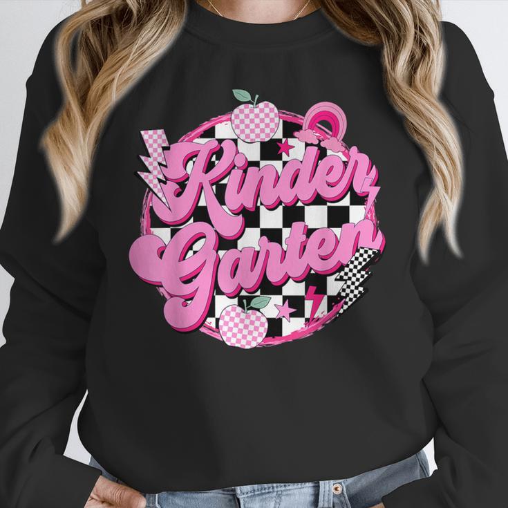 Kindergarten Teacher Women Checkered First Day Of School Women Crewneck Sweatshirt, funny design