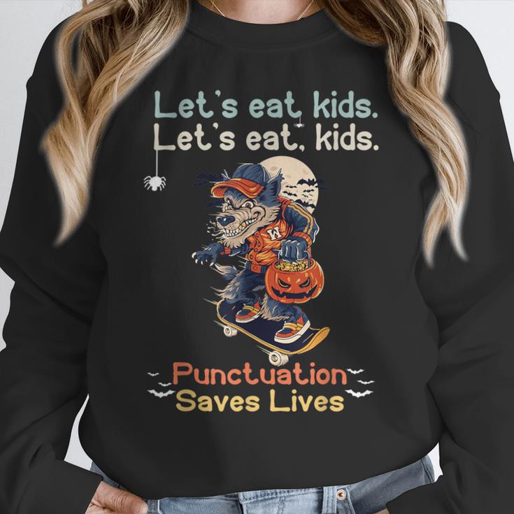Let's Eat Kids Grammar Werewolf Halloween Teacher Women Crewneck Sweatshirt, funny design Let's Eat Kids Grammar Werewolf Halloween Teacher Women Crewneck Sweatshirt, funny design