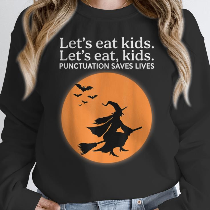 Let's Eat Kids Punctuation Saves Live Witch Grammar Teacher Women Crewneck Sweatshirt, funny design