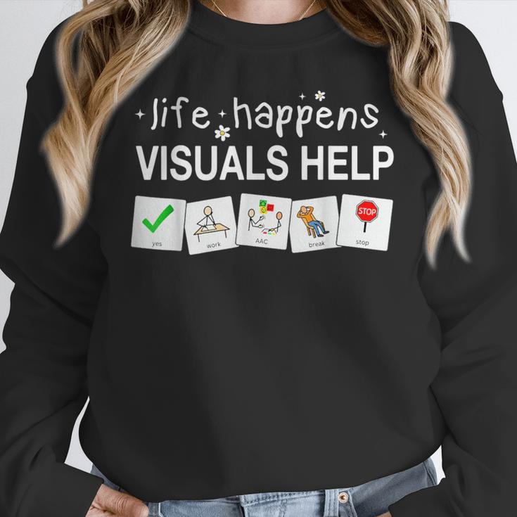 Life Happens Visuals Help Special Education Teacher Aide Women Crewneck Sweatshirt, funny design Life Happens Visuals Help Special Education Teacher Aide Women Crewneck Sweatshirt, funny design