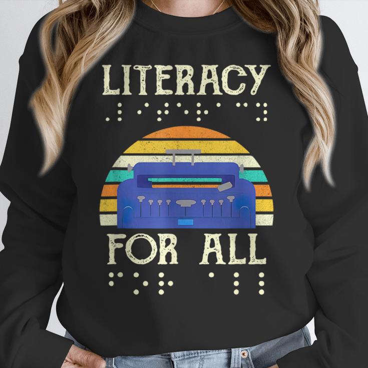 Literacy For All Visually Impaired Braille Teacher The Blind Women Crewneck Sweatshirt, funny design Literacy For All Visually Impaired Braille Teacher The Blind Women Crewneck Sweatshirt, funny design