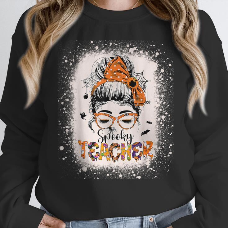 Messy Bun Spooky Teacher Bleached Halloween Teachers Women Crewneck Sweatshirt, funny design