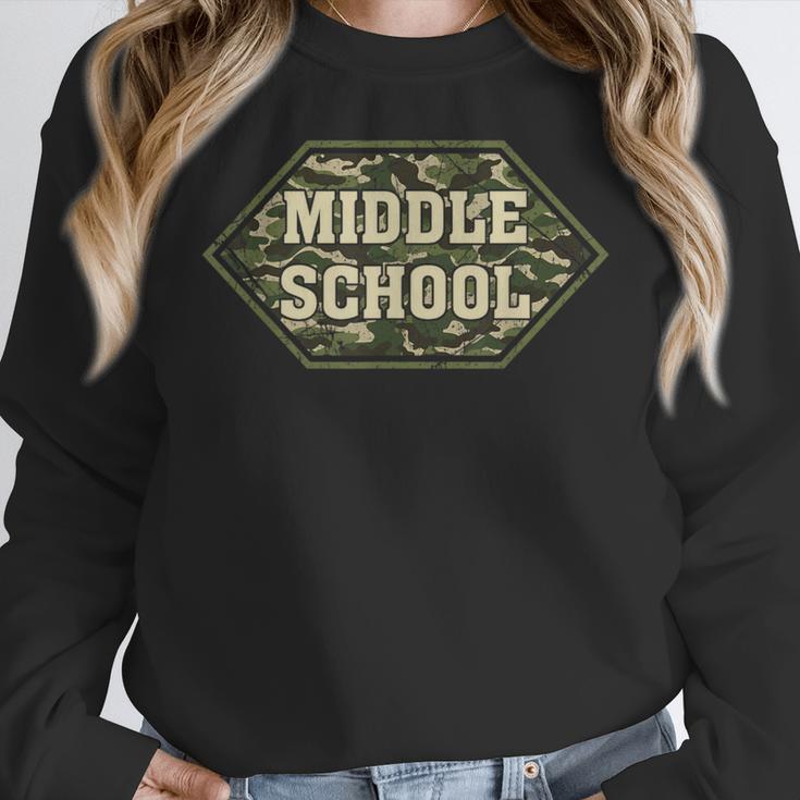 Middle School Camo Retro Back To School Teachers Women Crewneck Sweatshirt, funny design Middle School Camo Retro Back To School Teachers Women Crewneck Sweatshirt, funny design