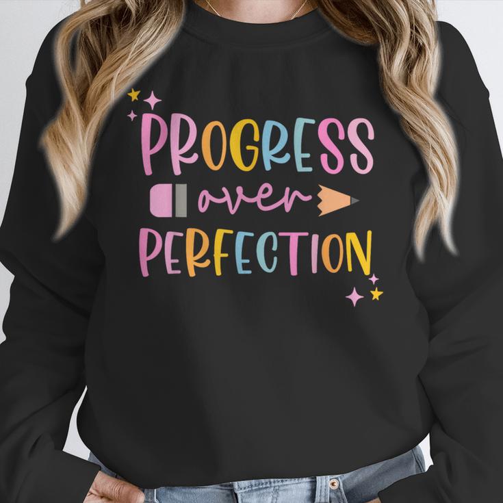 Motivational Progress Over Perfection Back To School Teacher Women Crewneck Sweatshirt, funny design