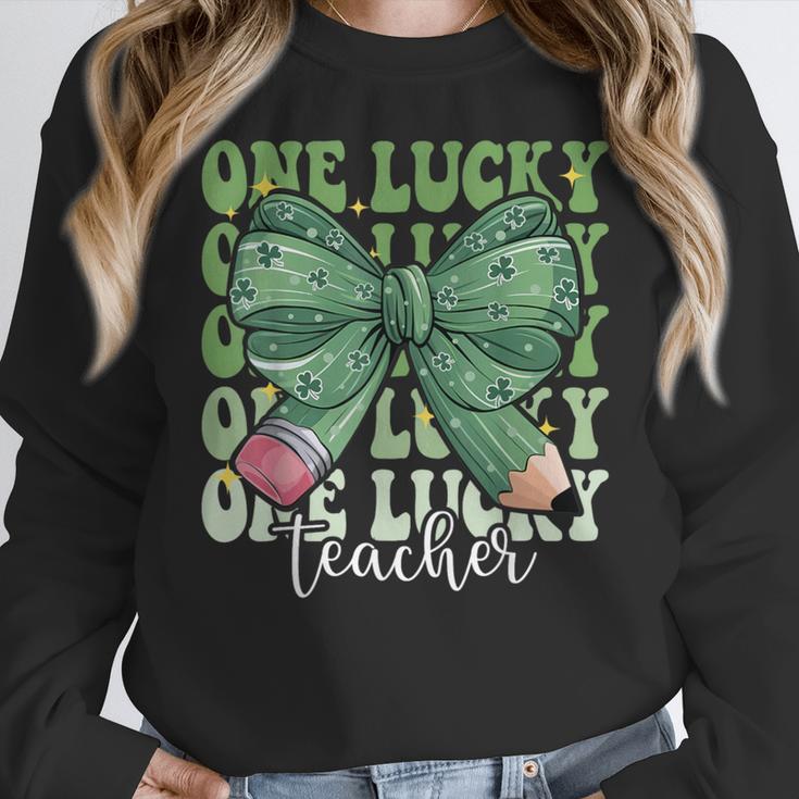 One Lucky Teacher Coquette Bow St Patricks Day Teacher Women Crewneck Sweatshirt, funny design