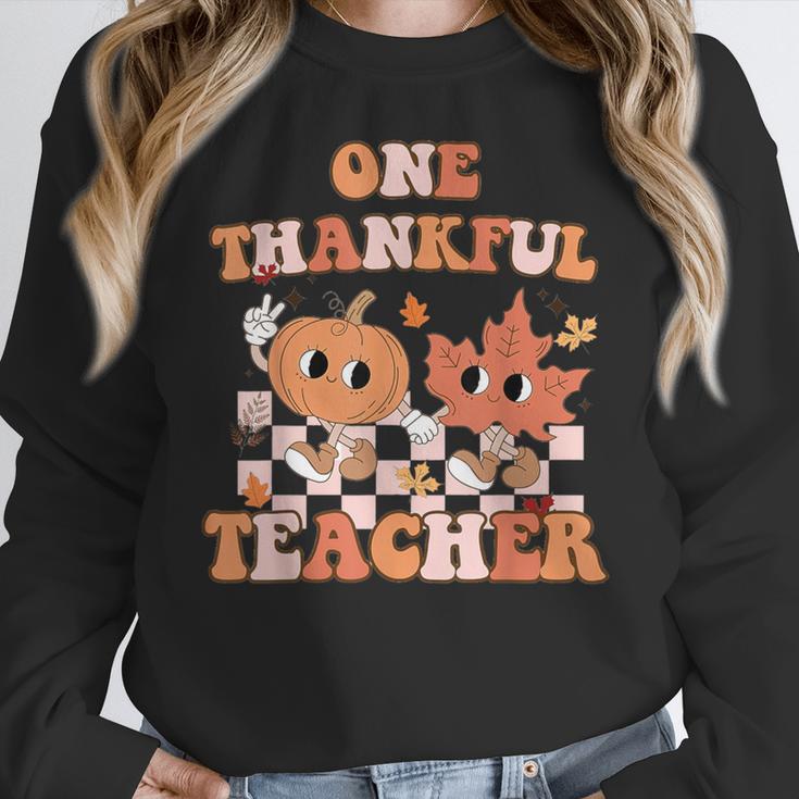 One Thankful Teacher Fall Leaves Thanksgiving Retro Women Crewneck Sweatshirt, funny design One Thankful Teacher Fall Leaves Thanksgiving Retro Women Crewneck Sweatshirt, funny design