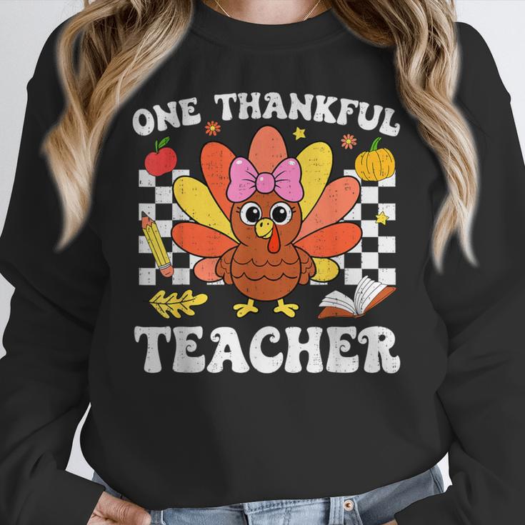 One Thankful Teacher Turkey Thanksgiving Teaching Women Crewneck Sweatshirt, funny design