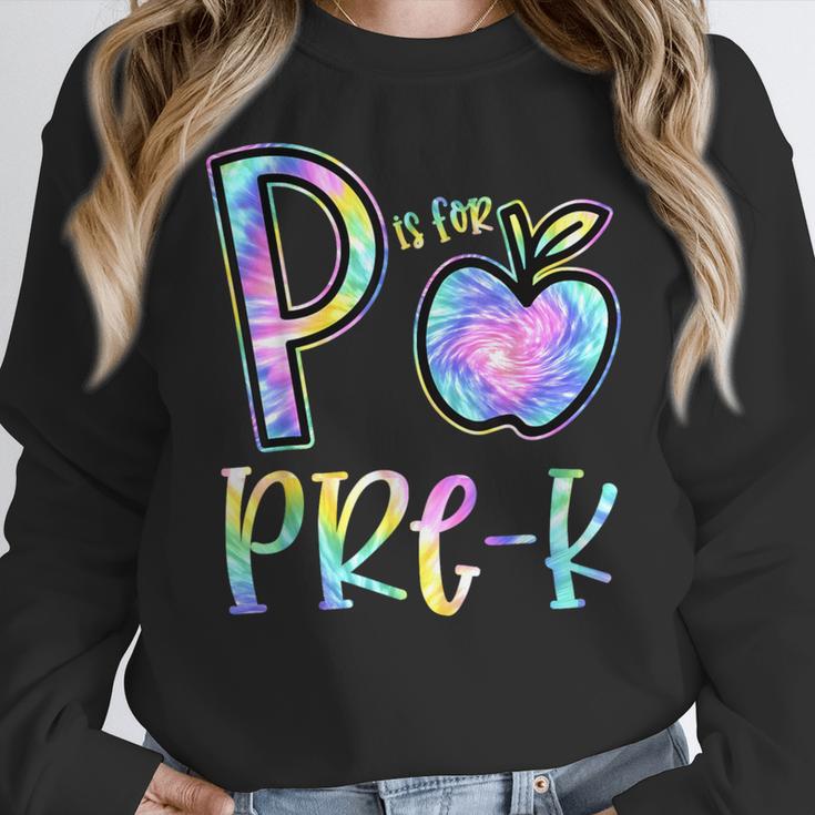P Is For Pre-K Preschool Teacher Tie Dye Back To School Women Crewneck Sweatshirt, funny design P Is For Pre-K Preschool Teacher Tie Dye Back To School Women Crewneck Sweatshirt, funny design