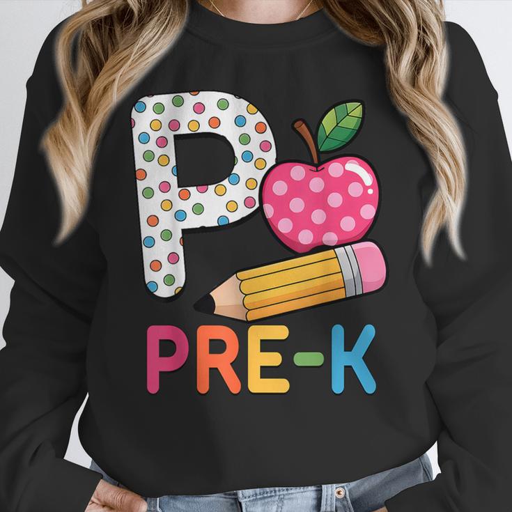 P Is For Pre K Teacher Student Pencil Apple Back To School Women Crewneck Sweatshirt, funny design P Is For Pre K Teacher Student Pencil Apple Back To School Women Crewneck Sweatshirt, funny design