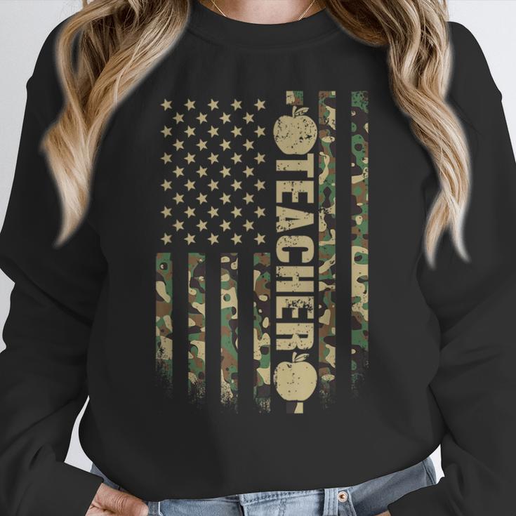 Patriotic Teacher American Flag Camouflage 4th Of July Camo Women Crewneck Sweatshirt, funny design