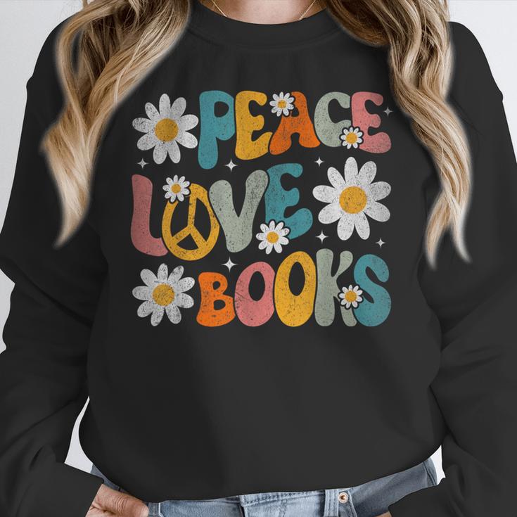 Peace Love Books Bookworm Librarian Reading Teacher Groovy Women Crewneck Sweatshirt, Groovy Teacher Gifts, funny design