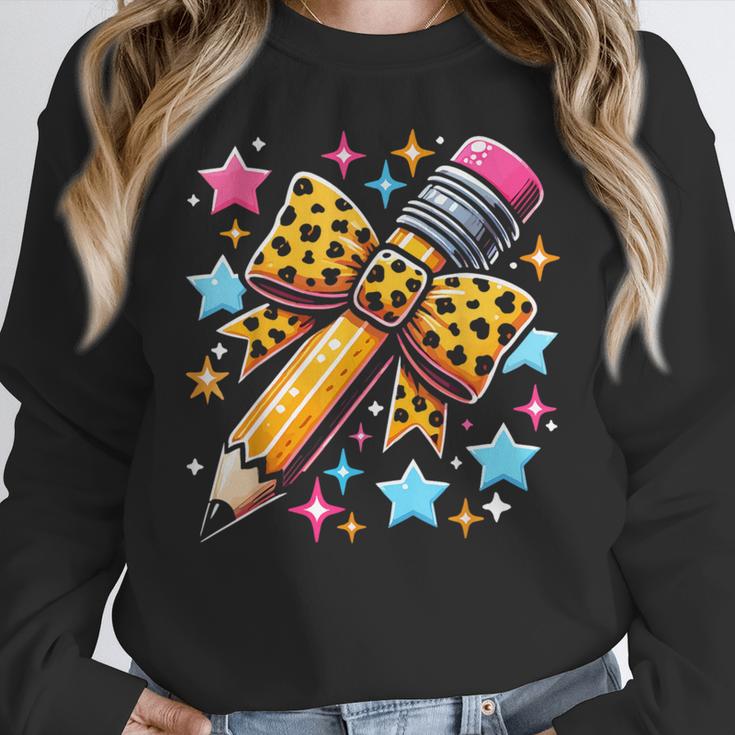 Pencil Leopard Coquette Bow Teacher Life Back To School Women Crewneck Sweatshirt, funny design