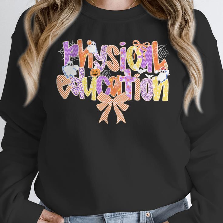 Physical Education Halloween Bow Checkered Teacher Ghost PE Women Crewneck Sweatshirt, Pe Teacher Gifts, funny design