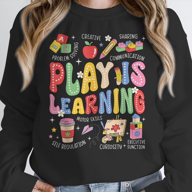 Play Is Learning Teacher First Day Of School Back To School Women Crewneck Sweatshirt, funny design Play Is Learning Teacher First Day Of School Back To School Women Crewneck Sweatshirt, funny design