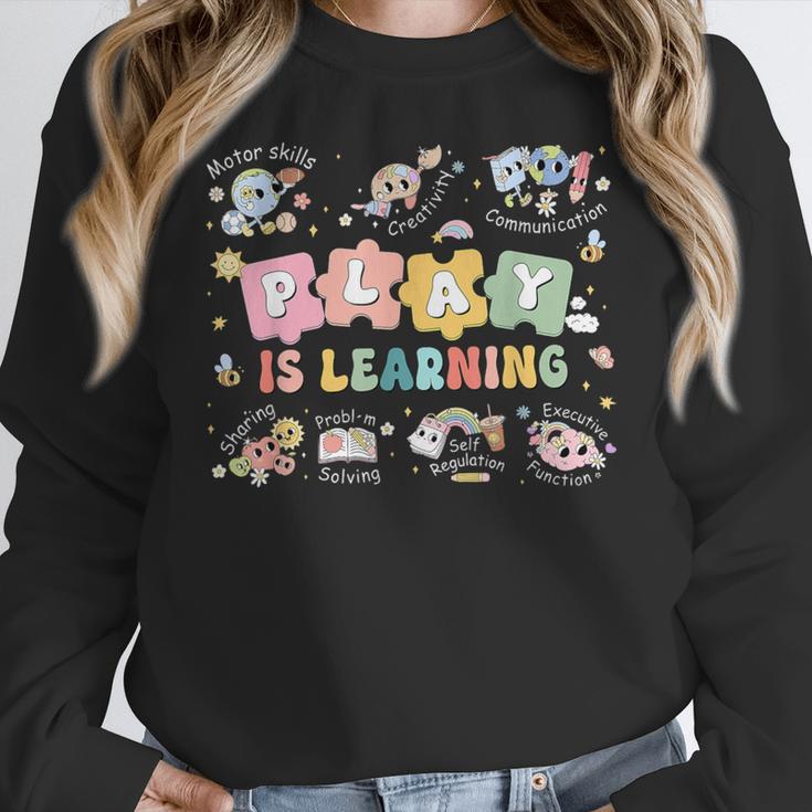 Play Is Learning Teacher Student First Day Back To School Women Crewneck Sweatshirt, funny design