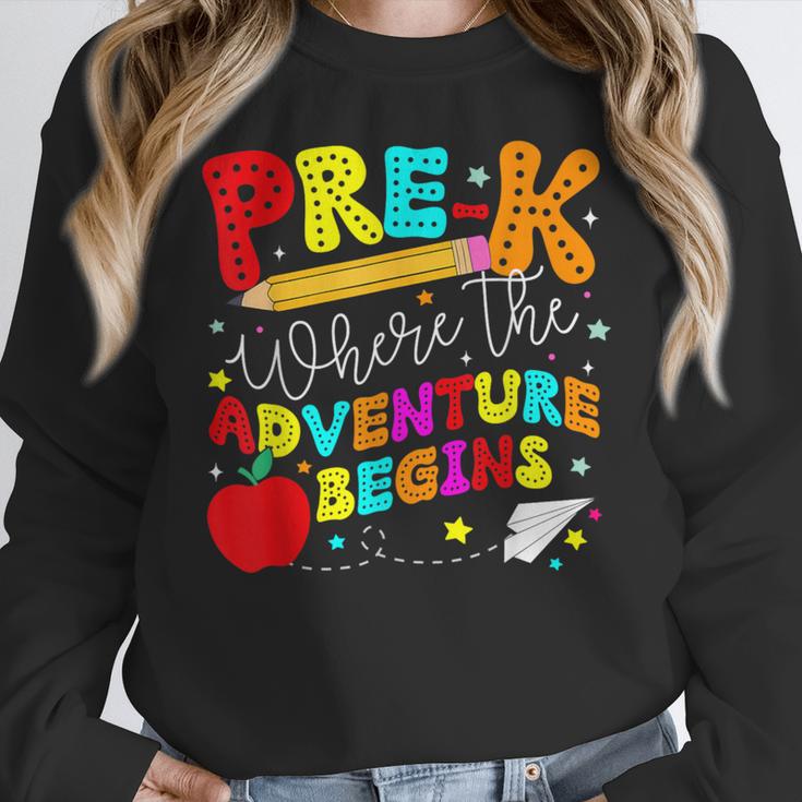 Pre-k Where The Adventure Begins First Day Of Prek Teacher Women Crewneck Sweatshirt, funny design Pre-k Where The Adventure Begins First Day Of Prek Teacher Women Crewneck Sweatshirt, funny design