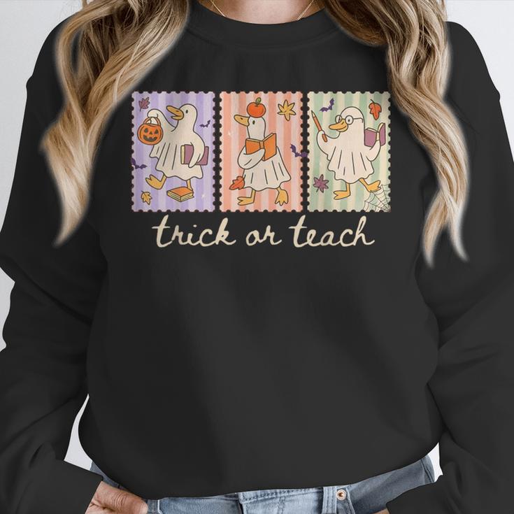 Preppy Goose Teacher Trick Or Teach Halloween Teacher Goose Women Crewneck Sweatshirt, funny design Preppy Goose Teacher Trick Or Teach Halloween Teacher Goose Women Crewneck Sweatshirt, funny design