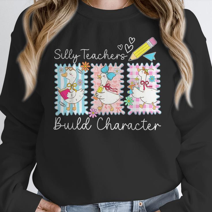 Preppy Silly Teacher Goose Build Character Back To School Women Crewneck Sweatshirt, funny design Preppy Silly Teacher Goose Build Character Back To School Women Crewneck Sweatshirt, funny design