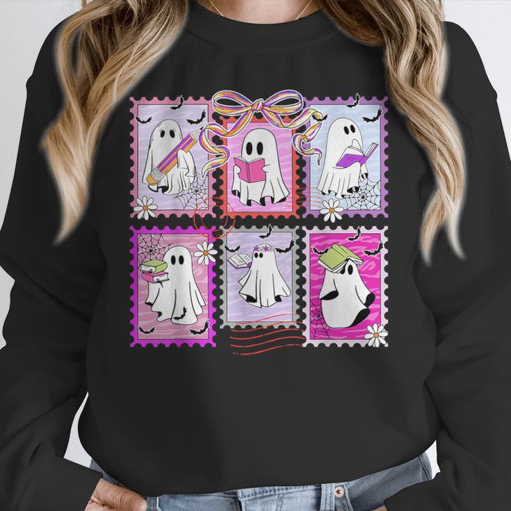 Preppy Spooky Teacher Halloween Ghost Coquette Bow Autumn Women Crewneck Sweatshirt, funny design