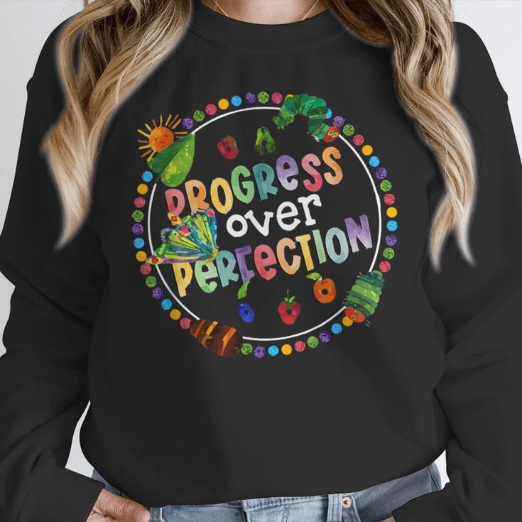 Progress Over Perfection Caterpillar Back To School Teacher Women Crewneck Sweatshirt, funny design