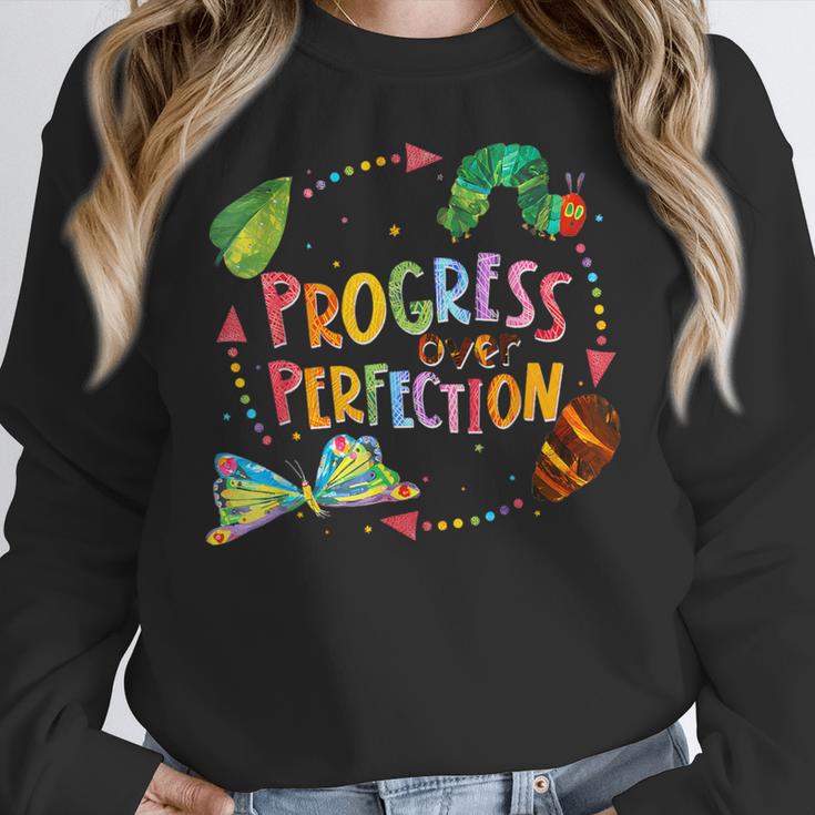 Progress Over Perfection Caterpillar Teacher Back To School Women Crewneck Sweatshirt, funny design Progress Over Perfection Caterpillar Teacher Back To School Women Crewneck Sweatshirt, funny design