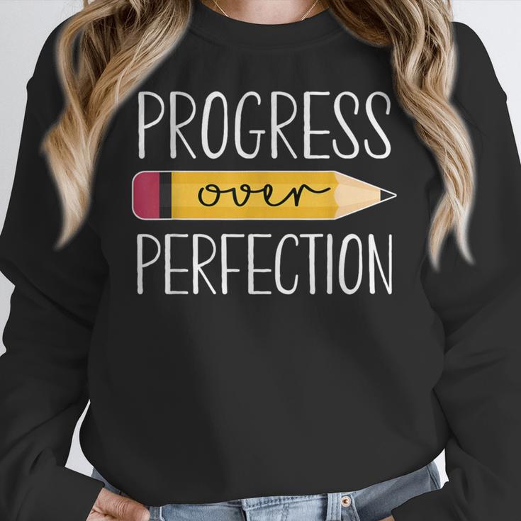Progress Over Perfection Motivational Back To School Teacher Women Crewneck Sweatshirt, funny design Progress Over Perfection Motivational Back To School Teacher Women Crewneck Sweatshirt, funny design