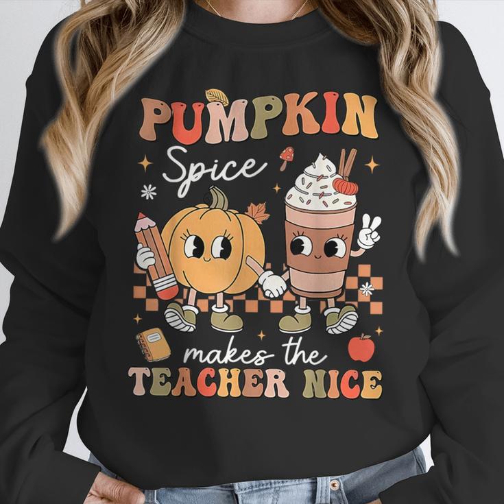 Pumpkin Spice Makes Teacher Nice Retro Fall Spooky Season Women Crewneck Sweatshirt, funny design Pumpkin Spice Makes Teacher Nice Retro Fall Spooky Season Women Crewneck Sweatshirt, funny design