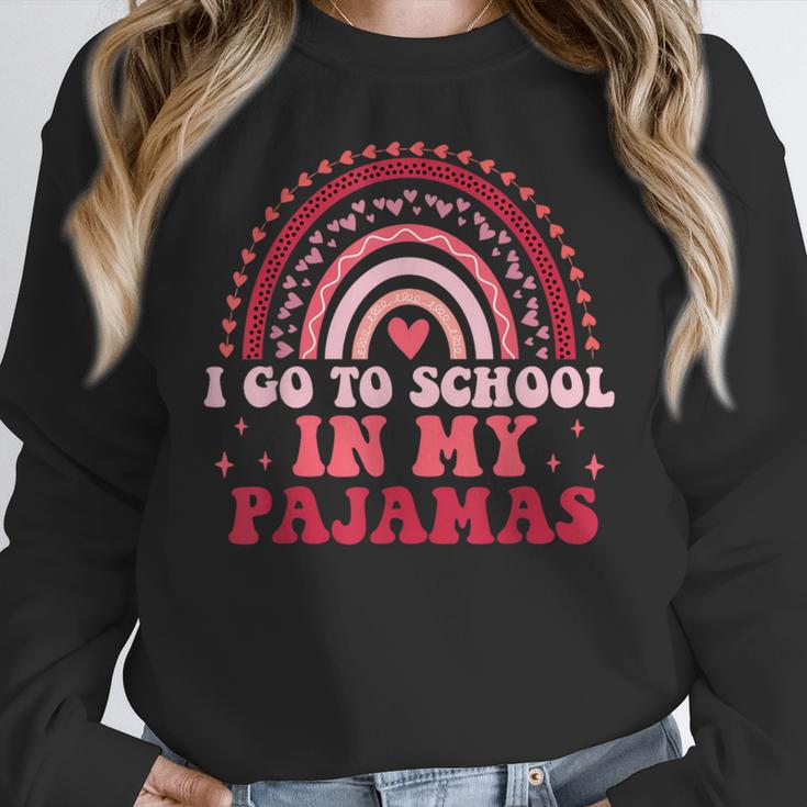 Rainbow Homeschool Mom Teacher I Go To School In My Pajamas Women Crewneck Sweatshirt, funny design