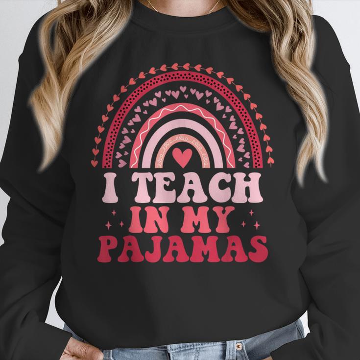 Rainbow Retro Homeschool Mom Teacher I Teach In My Pajamas Women Crewneck Sweatshirt, funny design