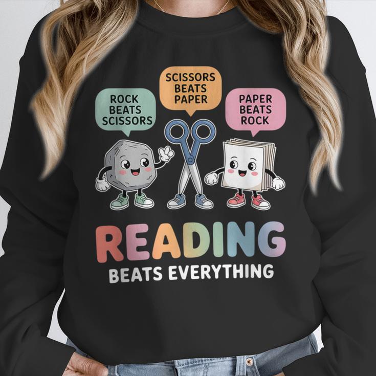 Reading Beats Everything Teacher Rock Paper Scissors Women Crewneck Sweatshirt, funny design