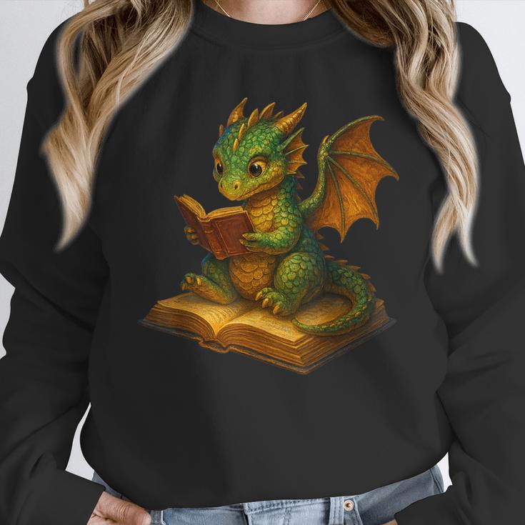 Reading Dragon Shirt For Bookish Teacher Librarian Bookworm Women Crewneck Sweatshirt, funny design