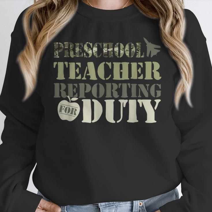 Retro Back To School Women Old Camo Preschool Teacher Women Crewneck Sweatshirt, funny design