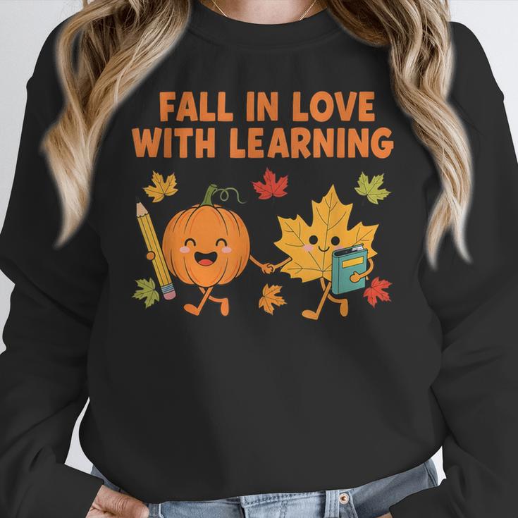 Retro Fall In Love With Learning Autumn Pumpkin Teacher Women Crewneck Sweatshirt, funny design Retro Fall In Love With Learning Autumn Pumpkin Teacher Women Crewneck Sweatshirt, funny design