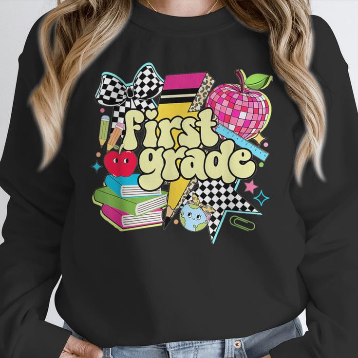 Retro First Grade Teacher Disco Ball Coquette Back To School Women Crewneck Sweatshirt, First Grade Teacher Gifts, funny design