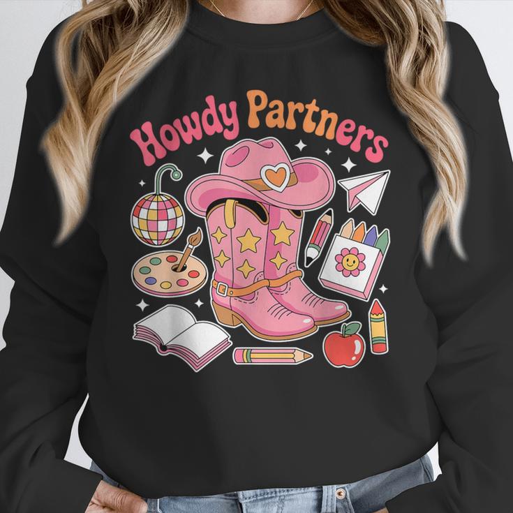 Retro Howdy Partners Cowgirl Cowboy Teacher Back To School Women Crewneck Sweatshirt, funny design Retro Howdy Partners Cowgirl Cowboy Teacher Back To School Women Crewneck Sweatshirt, funny design
