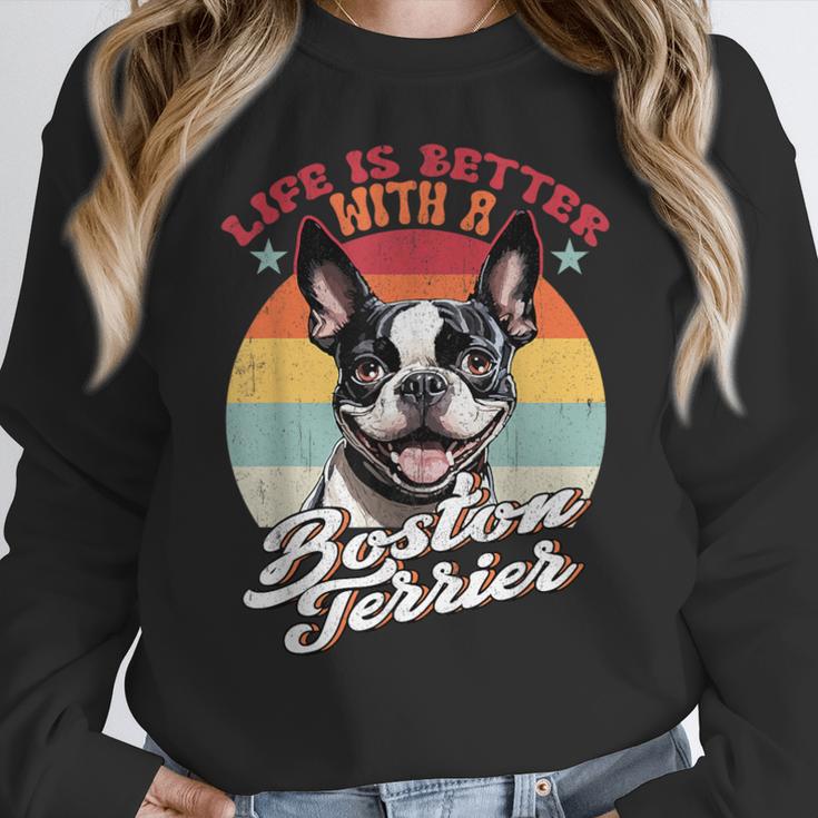 Retro Life Is Better With Boston Terrier Mom Dog Lover Women Crewneck Sweatshirt, Mom Gifts, Boston Terrier Mom Gifts, funny design