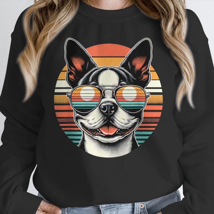 Retro Sunset Sunglasses Boston Terrier Boston Bull Bostie Women Crewneck Sweatshirt, funny design