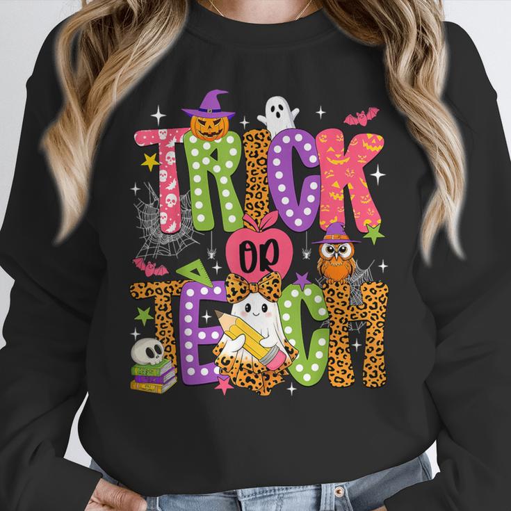 Retro Trick Or Teach Leopard Ghost Halloween Spooky Teacher Women Crewneck Sweatshirt, funny design Retro Trick Or Teach Leopard Ghost Halloween Spooky Teacher Women Crewneck Sweatshirt, funny design