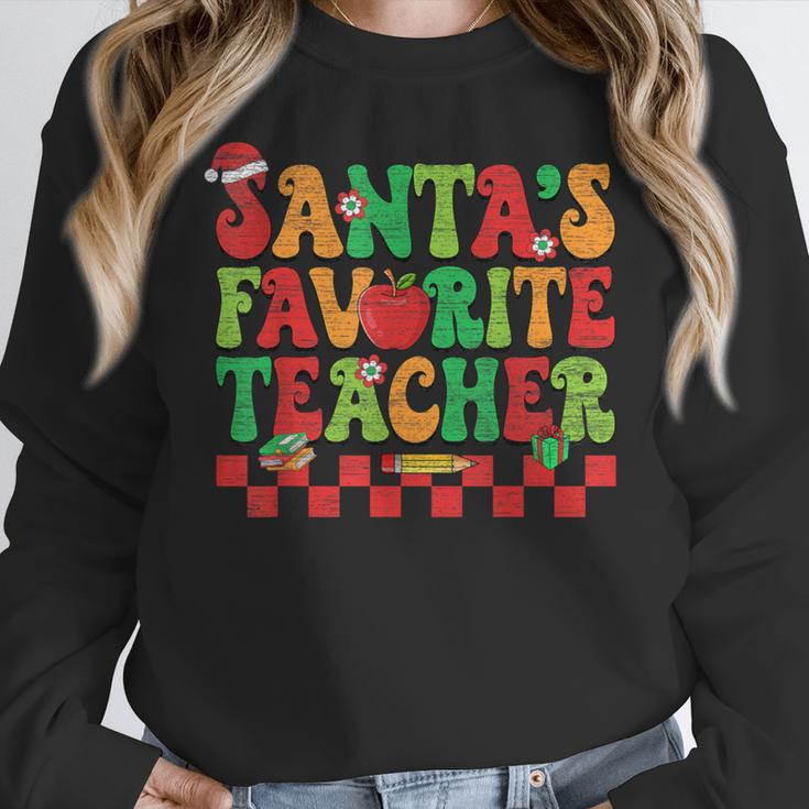 Santas Favorite Teacher Retro Groovy Christmas Xmas Women Women Crewneck Sweatshirt, Groovy Teacher Gifts, funny design