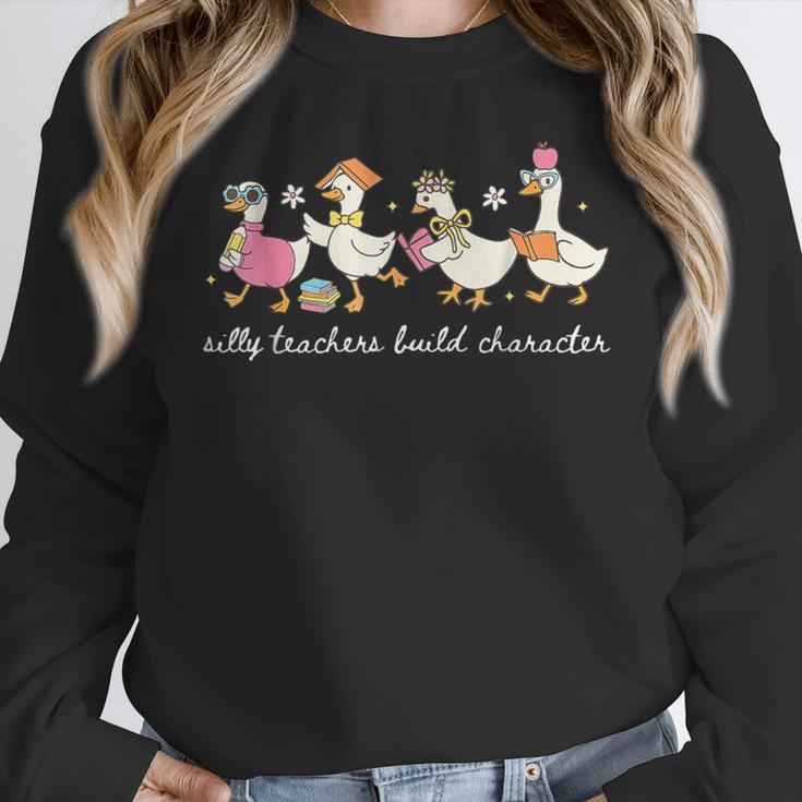 Silly Teachers Build Character Goose Teacher Back To School Women Crewneck Sweatshirt, funny design Silly Teachers Build Character Goose Teacher Back To School Women Crewneck Sweatshirt, funny design