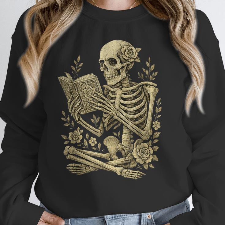 Skeleton Book Floral Skull Halloween Teacher Costume Women Crewneck Sweatshirt, funny design Skeleton Book Floral Skull Halloween Teacher Costume Women Crewneck Sweatshirt, funny design